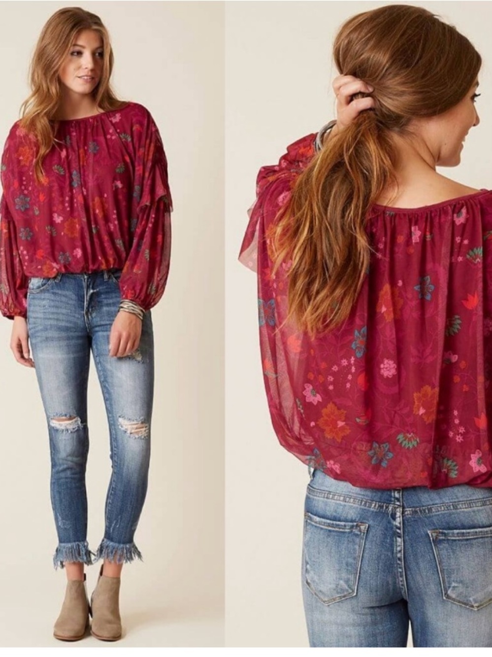 Free People Wildflower Honey Blouse Berry/Red Floral Print